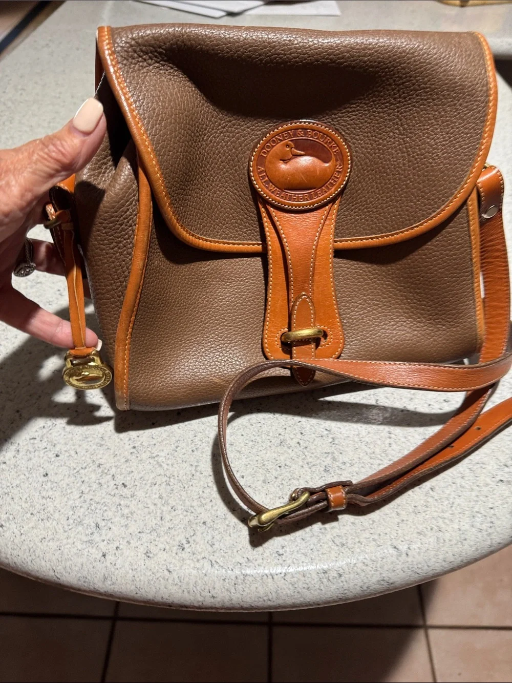 Dooney & Bourke Brown Pebbled Leather Messenger with Tan Trim